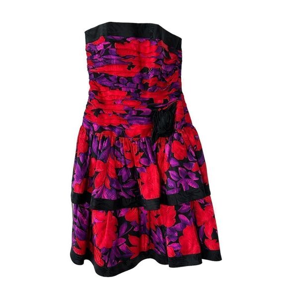 Vintage Strapless Silk Layered Dress Women's Floral Print Multicolor Size 8 - Picture 1 of 6